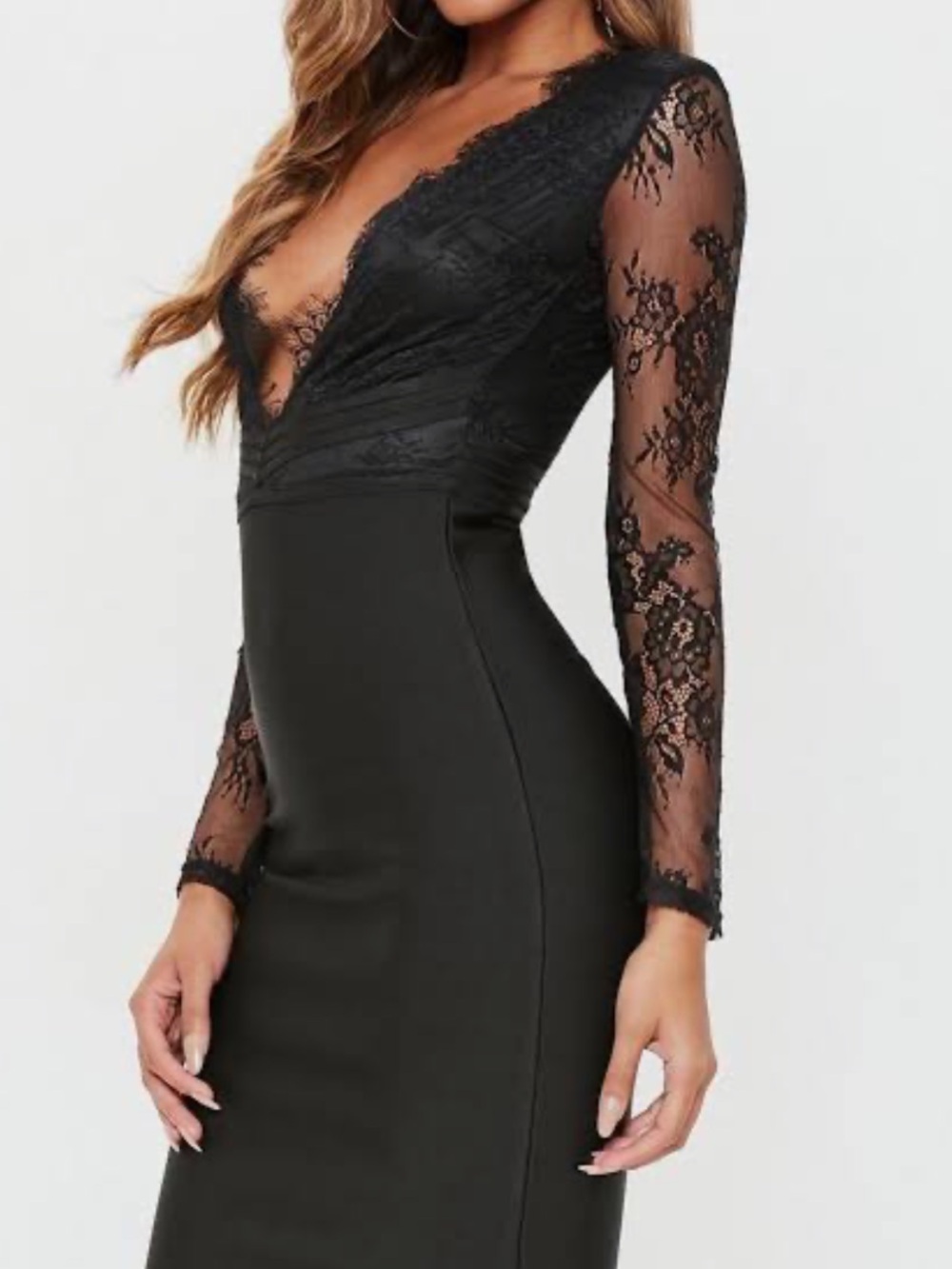 Missguided Black Lace Plunge Long Sleeve Bodycon Dress size 4
